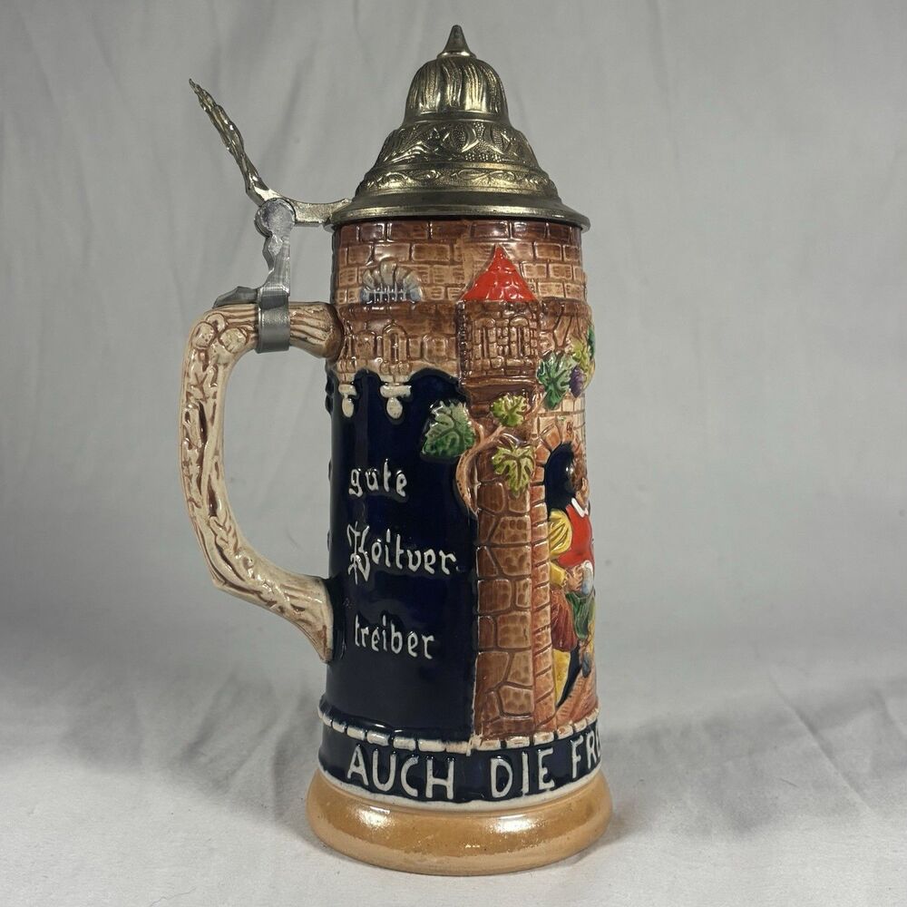 W. Gehmann German Beer Stein Pewter Lid Castle Scene Gute Zeitvertreiber